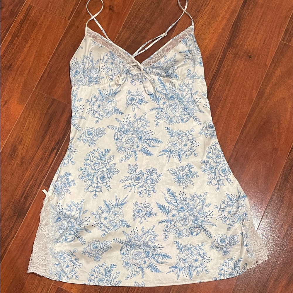 Sugar Thrillz Blue Floral Lace-Trim Slip Dress- Size Medium